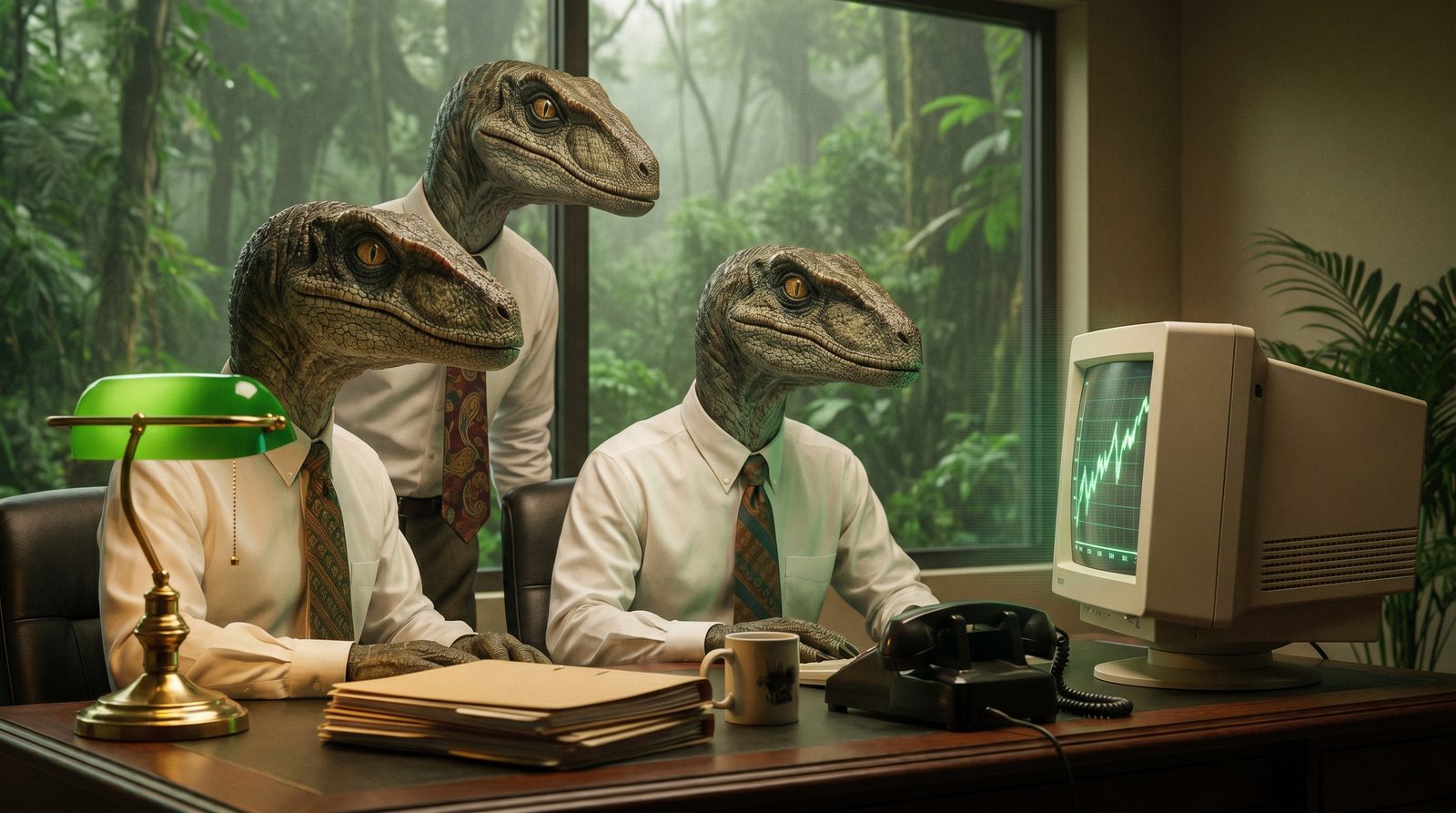 Surreal retro-corporate scene: raptors in shirts and ties at a vintage CRT computer